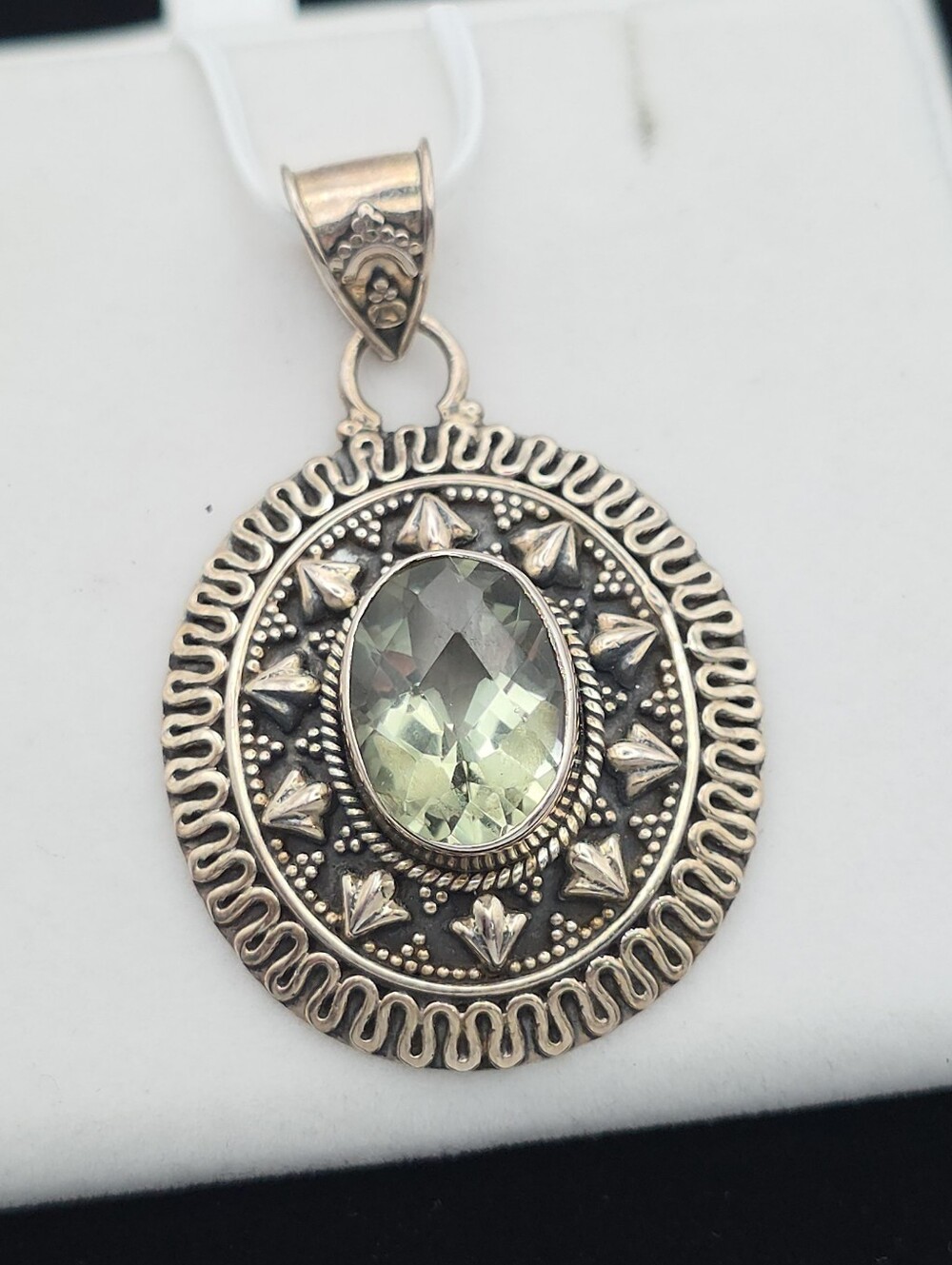 Vintage JTV 925 Sterling Silver Green Amethyst Bali Style Medallion Pendant